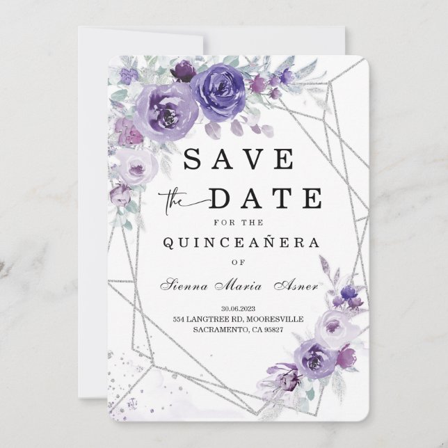 Silber und Lila Save the Date Quinceañera Einladung (Vorderseite)
