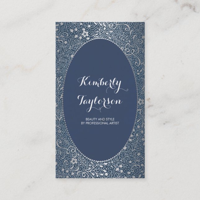 Silber-und Marine-elegantes mit BlumenVintages Visitenkarte (Vorderseite)