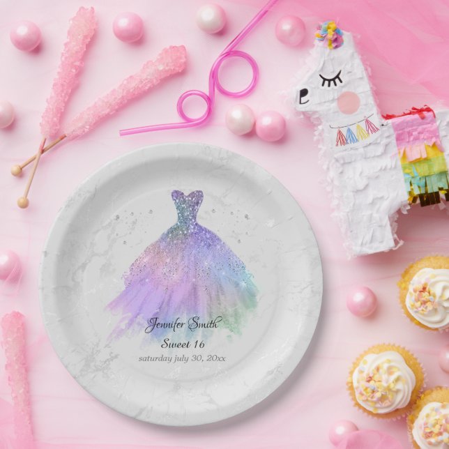 Silber- und Regenbogenkleid Glitzer 16 . Geburtsta Pappteller (Party)