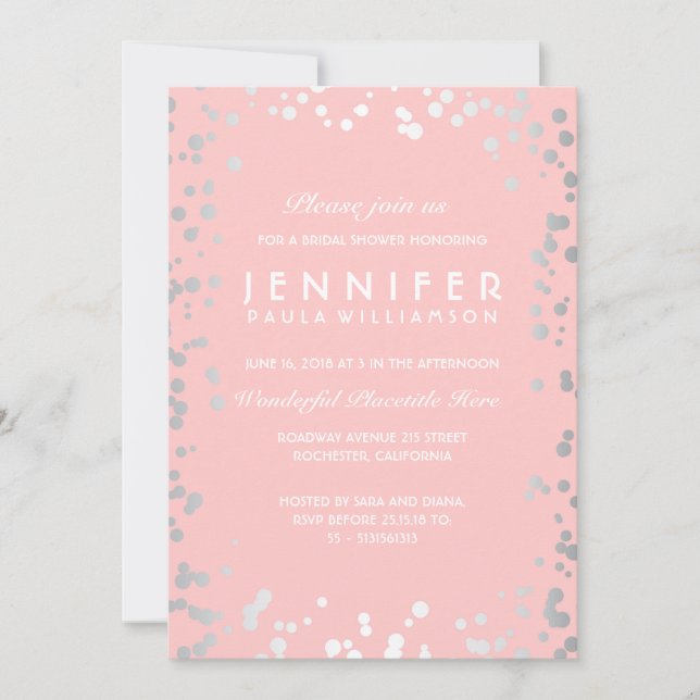 Silber und Rosa Confetti Vintages Brautparty Einladung (Vorderseite)