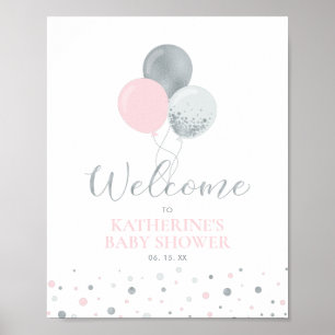 Silber- und rosa Luftballons   Willkommen zur Baby Poster