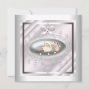 Silber und Rosa Stork Baby Girl Dusche Einladung