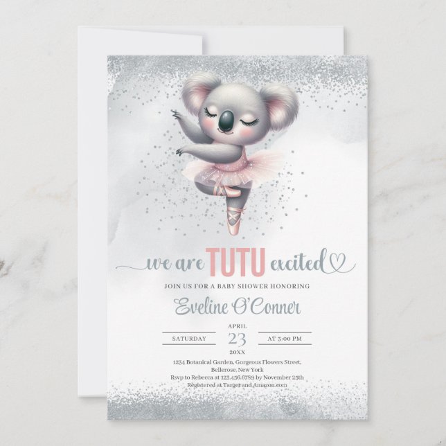 Silber und Rosa Tutu Kleid Baby koala ballerina Einladung (Vorderseite)