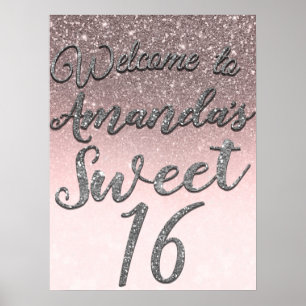 Silber- und Rosé-Glitter-Willkommensschild für süß Poster