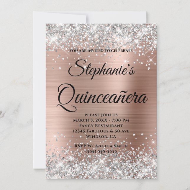 Silber und Rose Gold Extravagant Monogram Quinceañ Einladung (Vorderseite)