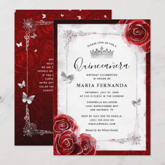Silber und Rote Rose Elegant Quinceanera Einladung