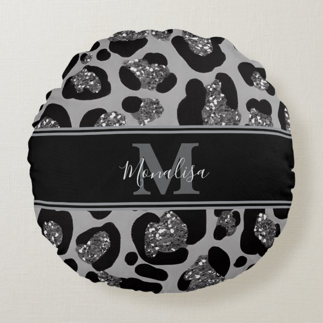 silber und schwarz glittery monogrampersonalisiert rundes kissen (Vorderseite)