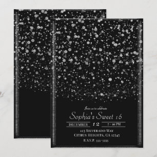 Silber- und Schwarz-Konfetti-Spritzer Sweet 16 Par Einladung