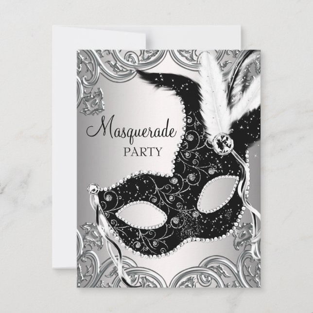 Silber und Schwarz Masquerade Party Einladung (Vorderseite)