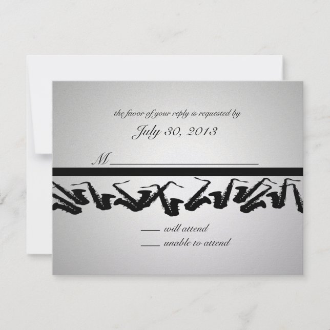 Silber und Schwarz-Saxophon-Antwortkarte RSVP Karte (Vorderseite)