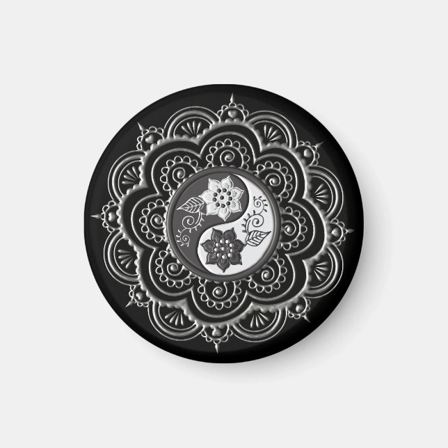 Silber- und schwarzes Mandala Magnet (Vorne)