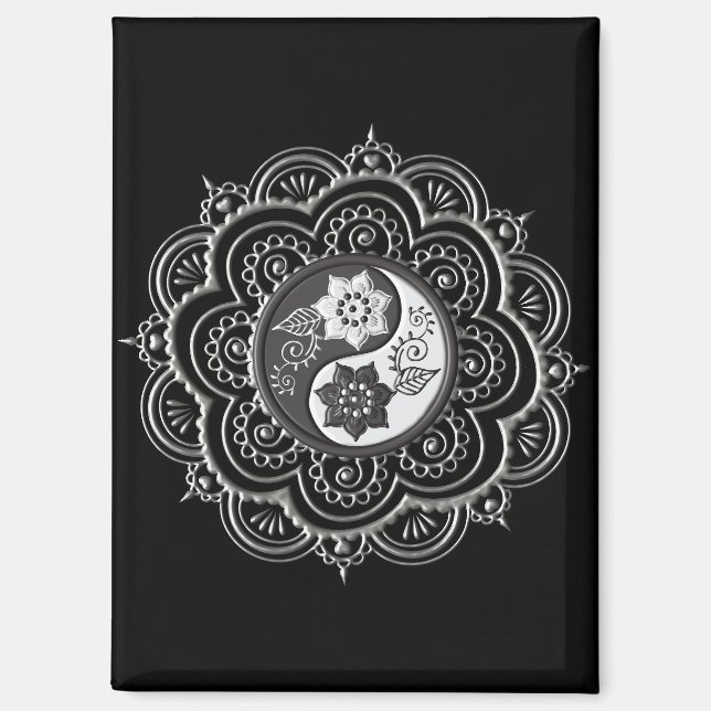 Silber- und schwarzes Mandala Magnet (Vorderseite)