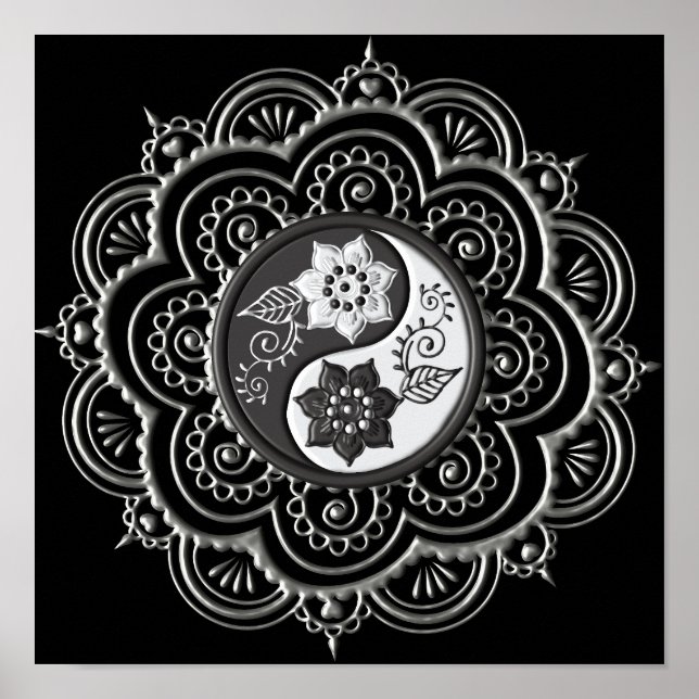 Silber- und schwarzes Mandala Poster (Vorne)