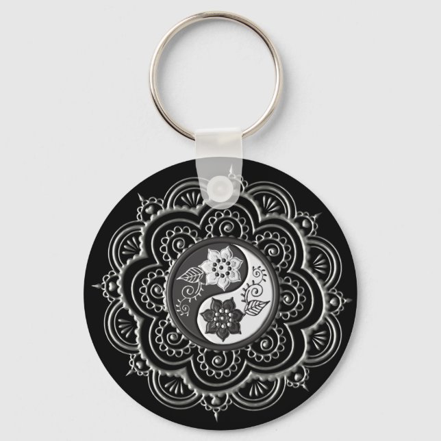 Silber- und schwarzes Mandala Schlüsselanhänger (Vorderseite)