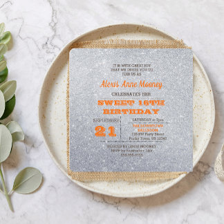 Silber und Topaz Orange Glitzer Sweet 16 Einladung