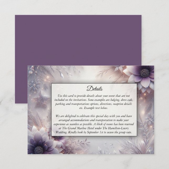 Silber und weiche Amethyst Winterblüten Hochzeit Begleitkarte (Vorne/Hinten)