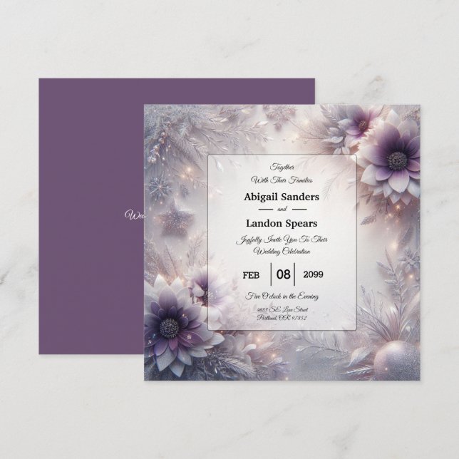 Silber und weiche Amethyst Winterblüten Hochzeit Einladung (Vorne/Hinten)