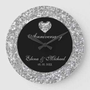 Silber und Weiß Glitzer und Herz Große Wanduhr