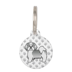 Silber- und weißer Lhasa-Apso-Cartoon-Hund und Inf Haustiermarke