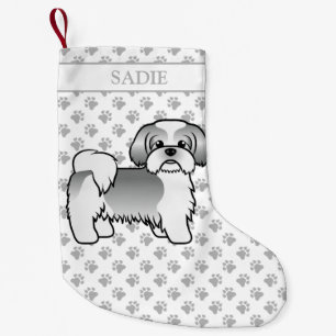 Silber und White Shih Tzu Cartoon Dog & Name Kleiner Weihnachtsstrumpf