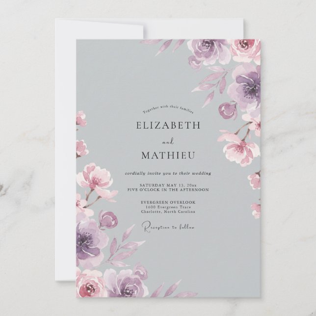 Silber-Veilchen-Blüten-Hochzeit Einladung (Vorderseite)