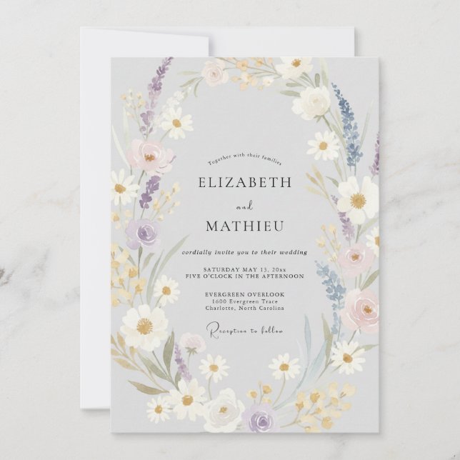 Silber-Veilchen-Wildblumen-Hochzeit Einladung (Vorderseite)
