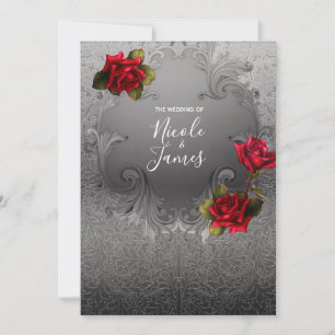 Silber Verzierte Antike Fancy Rote Rosen Hochzeit Einladung