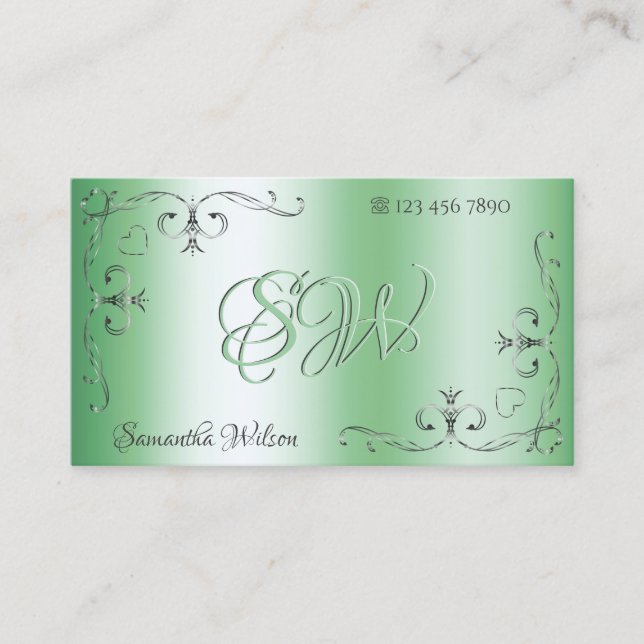 Silber Verzierte Ecken Initials Chic Luminy Green Visitenkarte (Vorderseite)