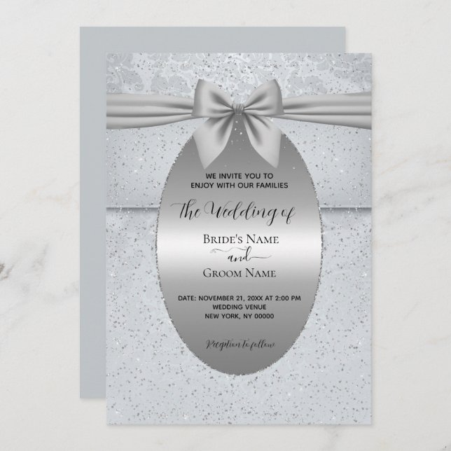 Silber Vintag mit Bow Wedding Einladung (Vorne/Hinten)