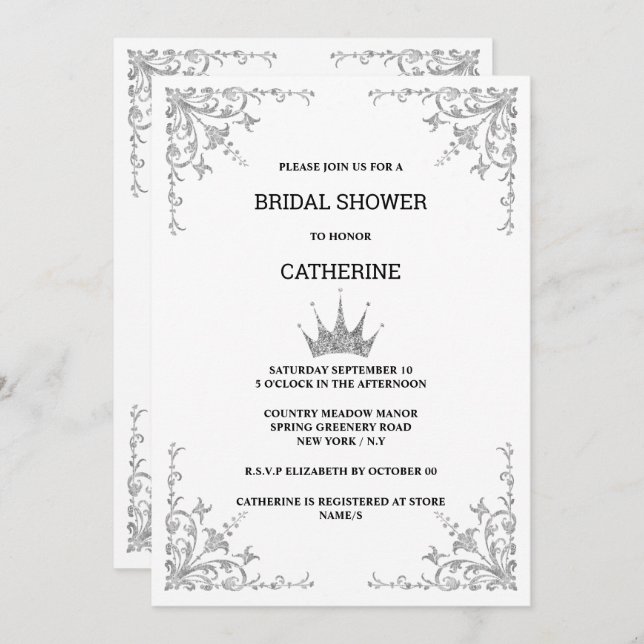 Silber Vintage Blumenecken Tiara minimalistisch Einladung (Vorne/Hinten)