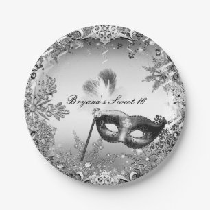 Silber Weiße Schwarze Maskerade & Winter Schneeflo Pappteller