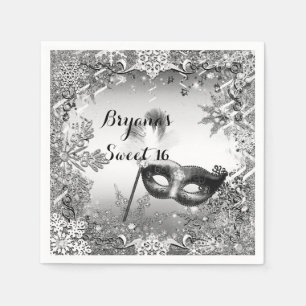 Silber Weiße Schwarze Maskerade & Winterschneefloc Serviette