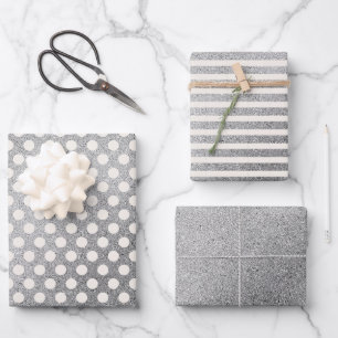 Silber Weiße Tupfen Streifen Weihnachten Geschenkpapier Set