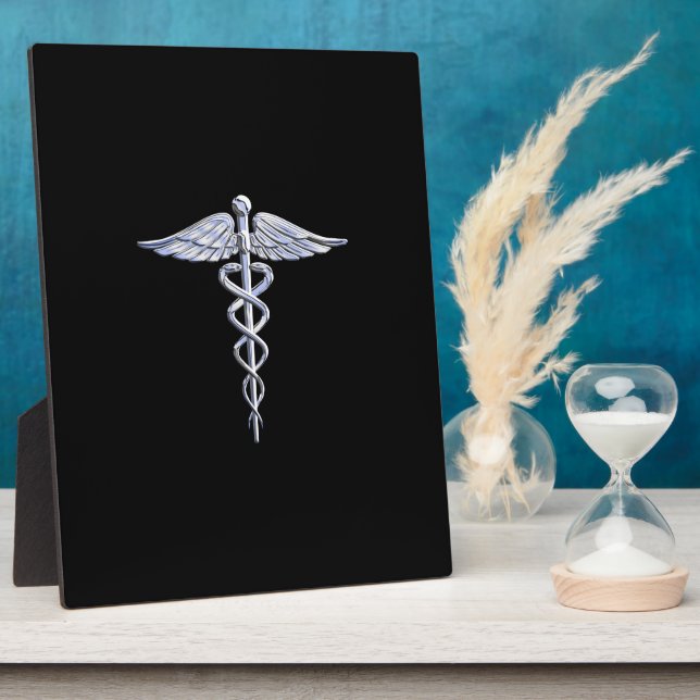 Silber wie Caduceus Medical Symbol auf schwarzer D Fotoplatte (Seite)