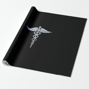 Silber wie Caduceus Medical Symbol auf schwarzer D Geschenkpapier