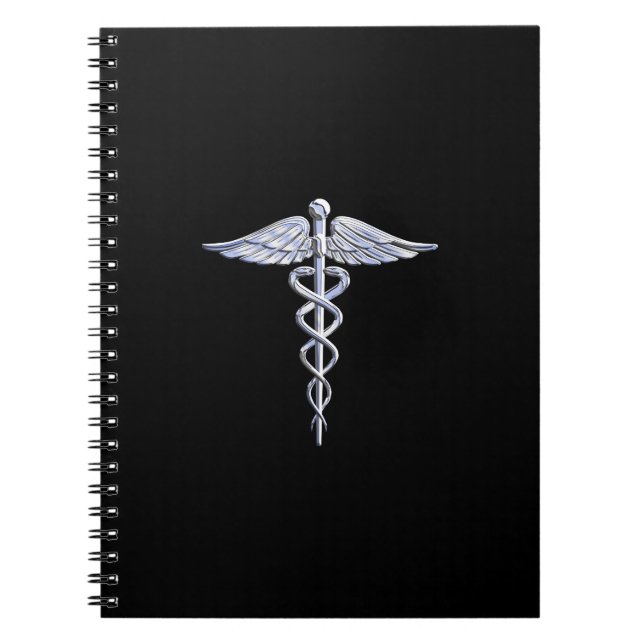 Silber wie Caduceus Medical Symbol auf schwarzer D Notizblock (Vorderseite)