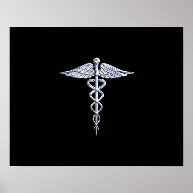 Silber wie Caduceus Medical Symbol auf schwarzer D Poster (Vorne)