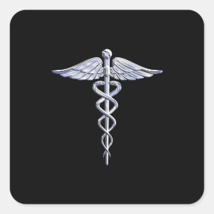Silber wie Caduceus Medical Symbol auf schwarzer D Quadratischer Aufkleber