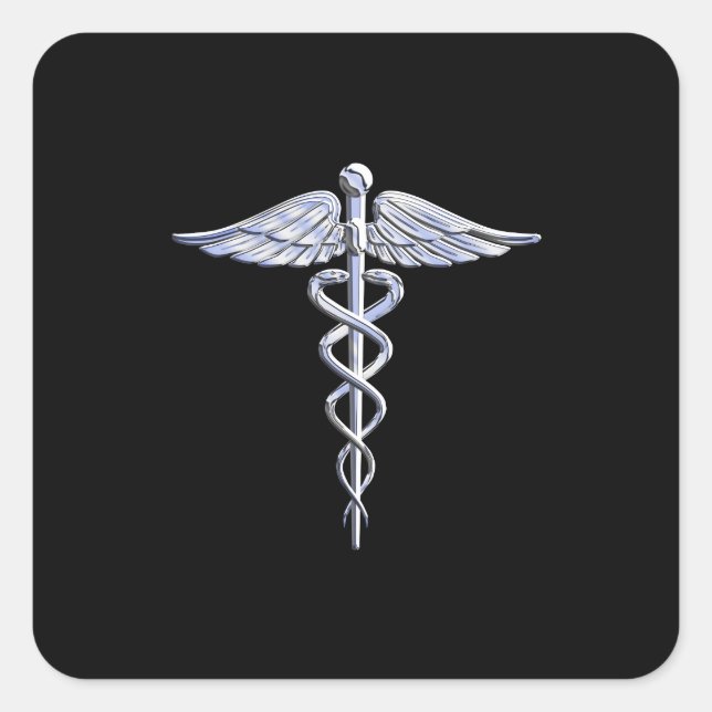 Silber wie Caduceus Medical Symbol auf schwarzer D Quadratischer Aufkleber (Vorderseite)