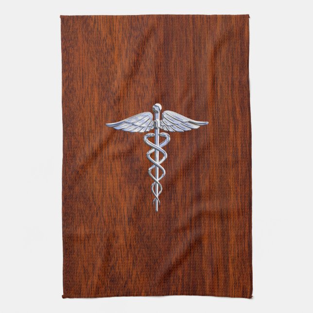 Silber wie Caduceus Medical Symbol Mahogany Print Geschirrtuch (Vertikal)