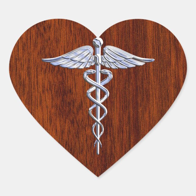 Silber wie Caduceus Medical Symbol Mahogany Print Herz-Aufkleber (Vorderseite)