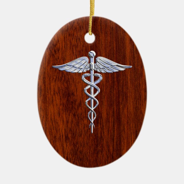 Silber wie Caduceus Medical Symbol Mahogany Print Keramikornament (Vorne)