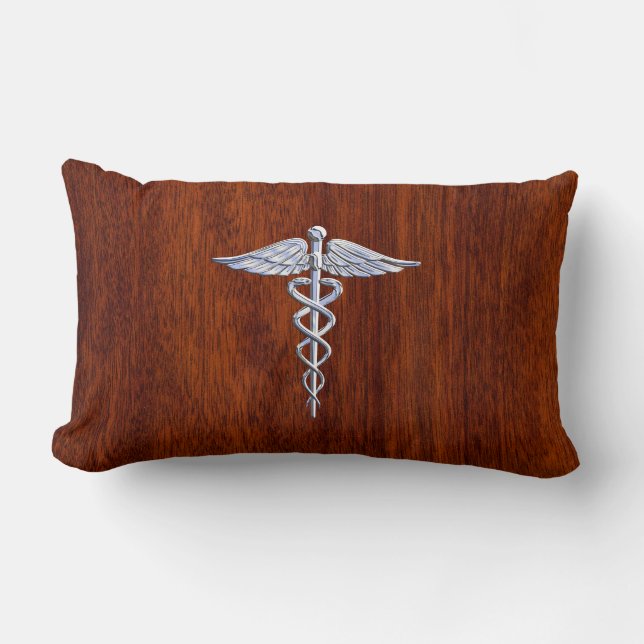 Silber wie Caduceus Medical Symbol Mahogany Print Lendenkissen (Vorderseite)