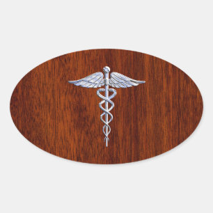 Silber wie Caduceus Medical Symbol Mahogany Print Ovaler Aufkleber
