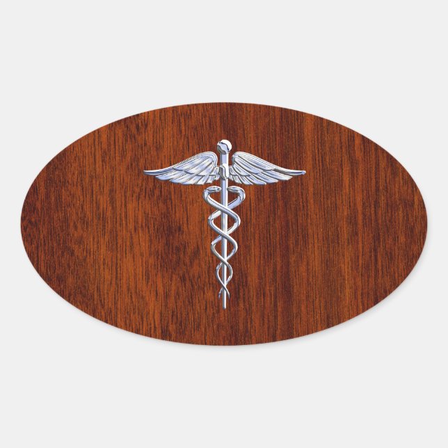 Silber wie Caduceus Medical Symbol Mahogany Print Ovaler Aufkleber (Vorderseite)