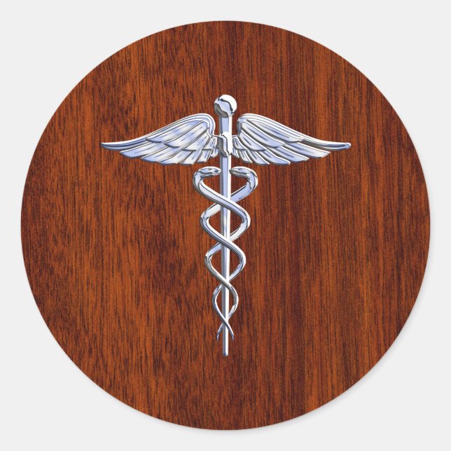 Silber wie Caduceus Medical Symbol Mahogany Print Runder Aufkleber (Vorderseite)