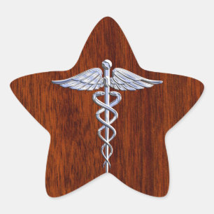 Silber wie Caduceus Medical Symbol Mahogany Print Stern-Aufkleber