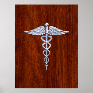 Silber wie Caduceus Medizin-Symbol Mahagoni-Druck Poster