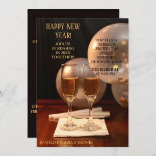 Silberballons Neujahr Champagnerflöten Einladung