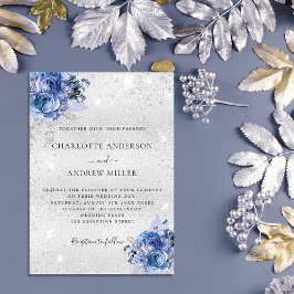Silberblaue Blumen Hochzeit Einladungspostkarte